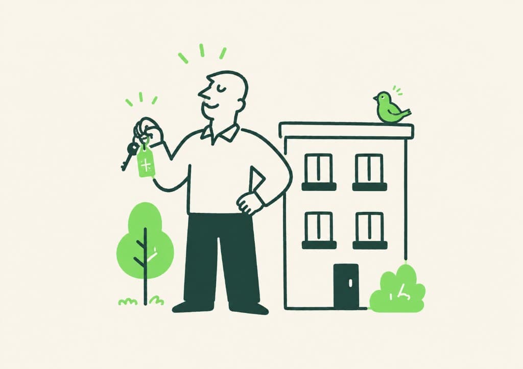 Illustration of a landlord holding keys beside a rental building