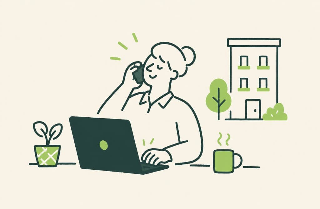 Illustration of a property manager working at a desk with a building in the background