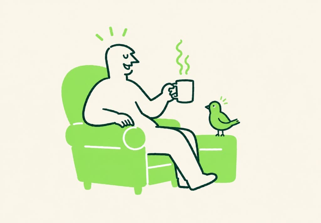 Illustration of a tenant relaxing in a chair with a mug