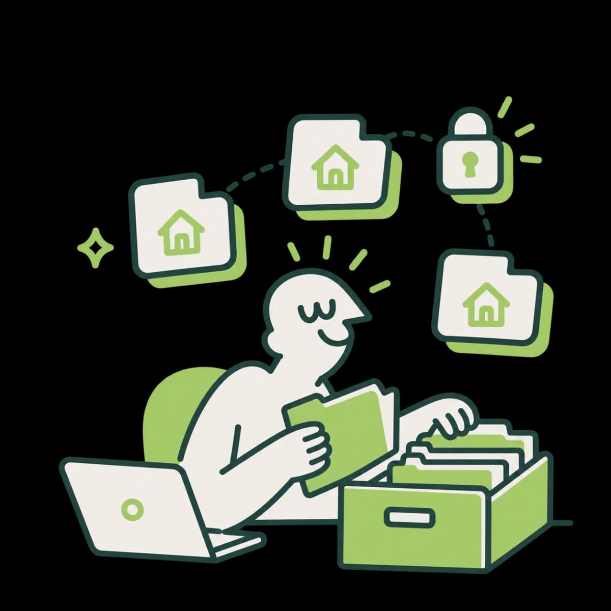A person at a laptop filing paperwork, with property folders connected to a closed padlock