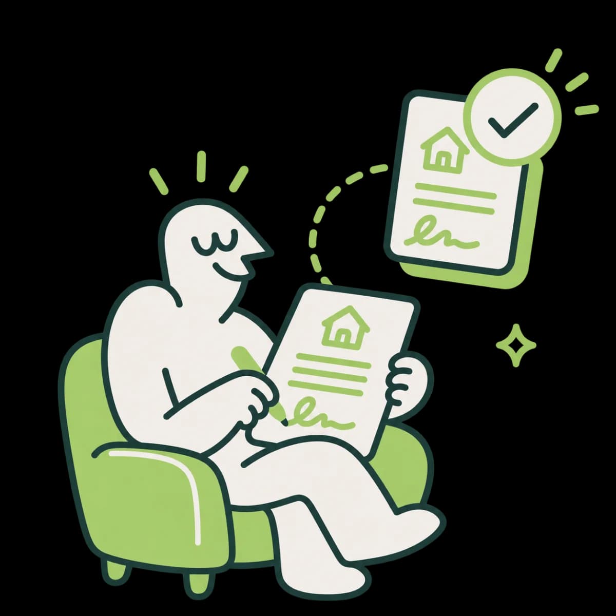 A relaxed person signing a lease on a tablet, connected to a completed lease with a check mark