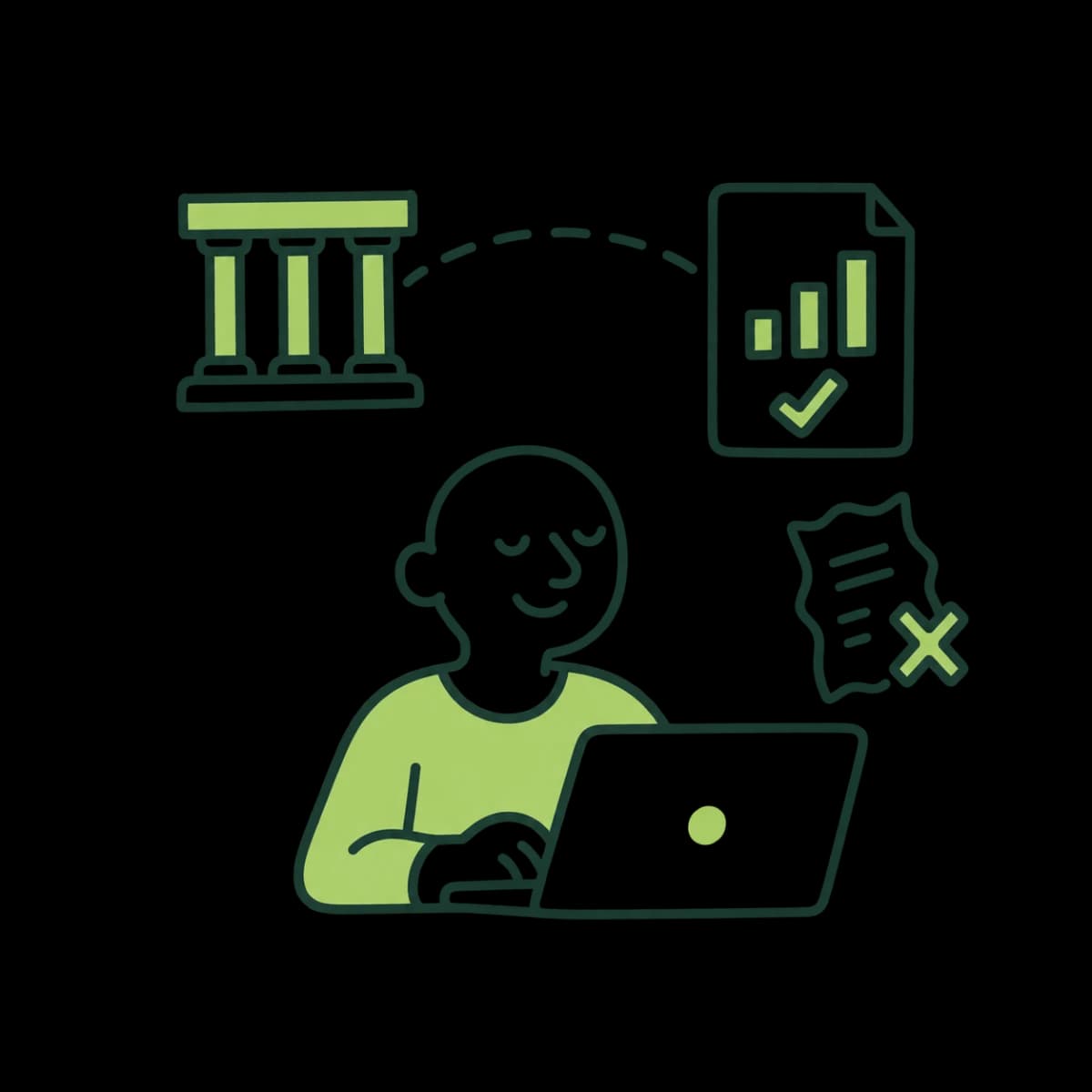 A person at a laptop, with a dashed line from their bank to a verified income document, and a crumpled pay stub crossed out