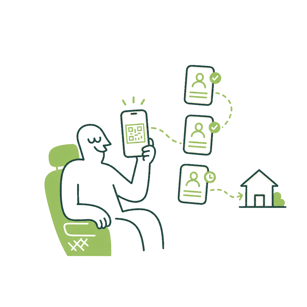 Agent holding up a QR code, with applicant cards moving along a path toward a home