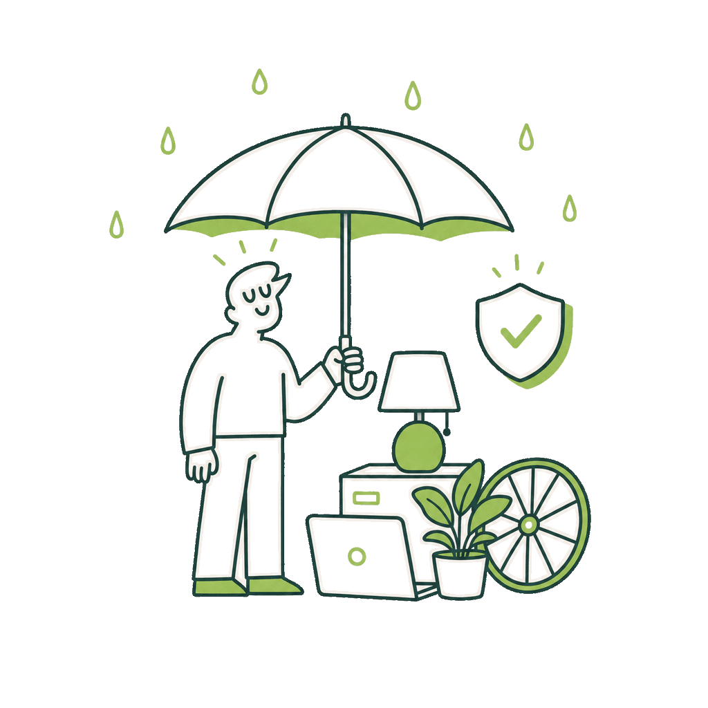Tenant holding an umbrella over their belongings, with a shield and a checkmark