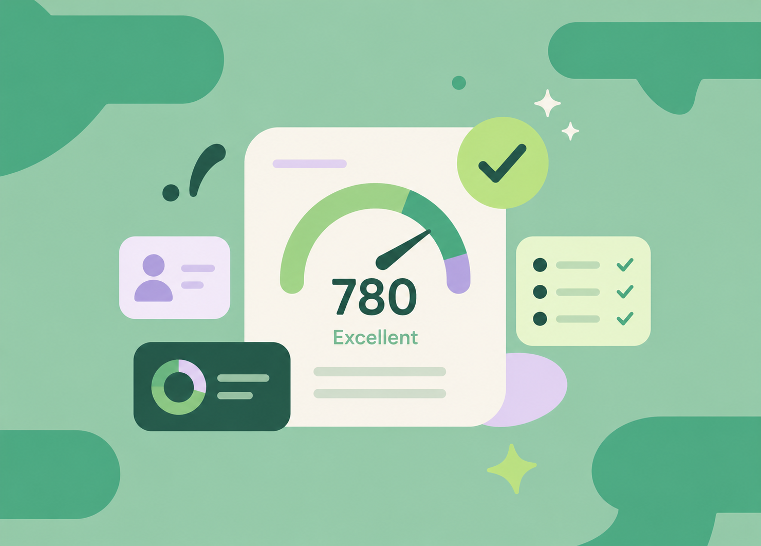 Illustration of a credit score gauge with a checkmark