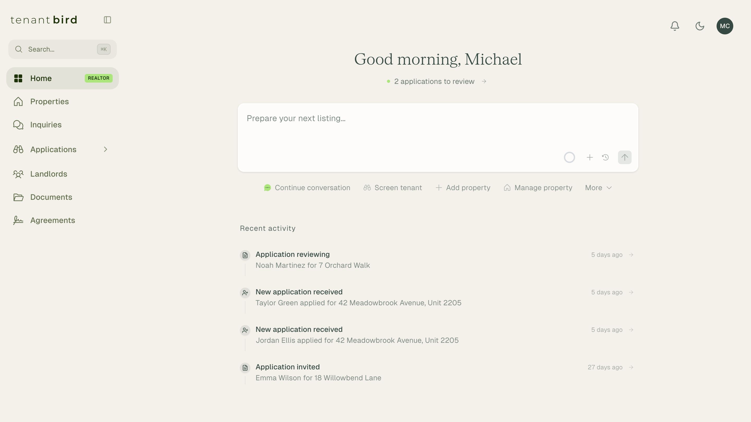 TenantBird dashboard with recent leasing activity and property questions